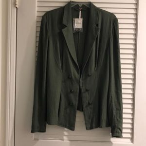 Free People Green Linen Double Breasted Jacket